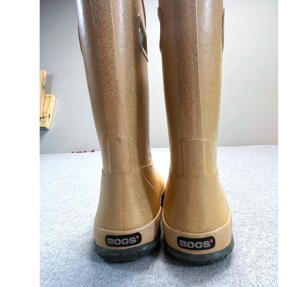 Bogs K Rainey Glitter Rain Boots Kids Size 4 Tan Gold Waterproof Pull On Handles